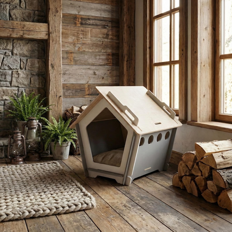 May include: A modern dog house with a light gray base and a natural wood roof. The house has a rectangular shape with a sloped roof and a small opening for the pet to enter. A soft, beige cushion is inside. The house is on a wooden floor.