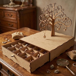 Puede incluir: Un organizador de joyas de madera con una exhibición en forma de árbol y un cajón extraíble. El árbol sostiene collares y aretes, mientras que el cajón está dividido en compartimentos para anillos y pulseras. El organizador se exhibe sobre una mesa de madera.