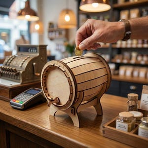 Pode incluir: Um cofre de madeira em forma de barril, com uma ranhura para moedas e uma torneira. O cofre &eacute; feito de madeira clara e tem um design decorativo. Uma pessoa est&aacute; a inserir uma moeda na ranhura. O cofre est&aacute; numa superf&iacute;cie de madeira.