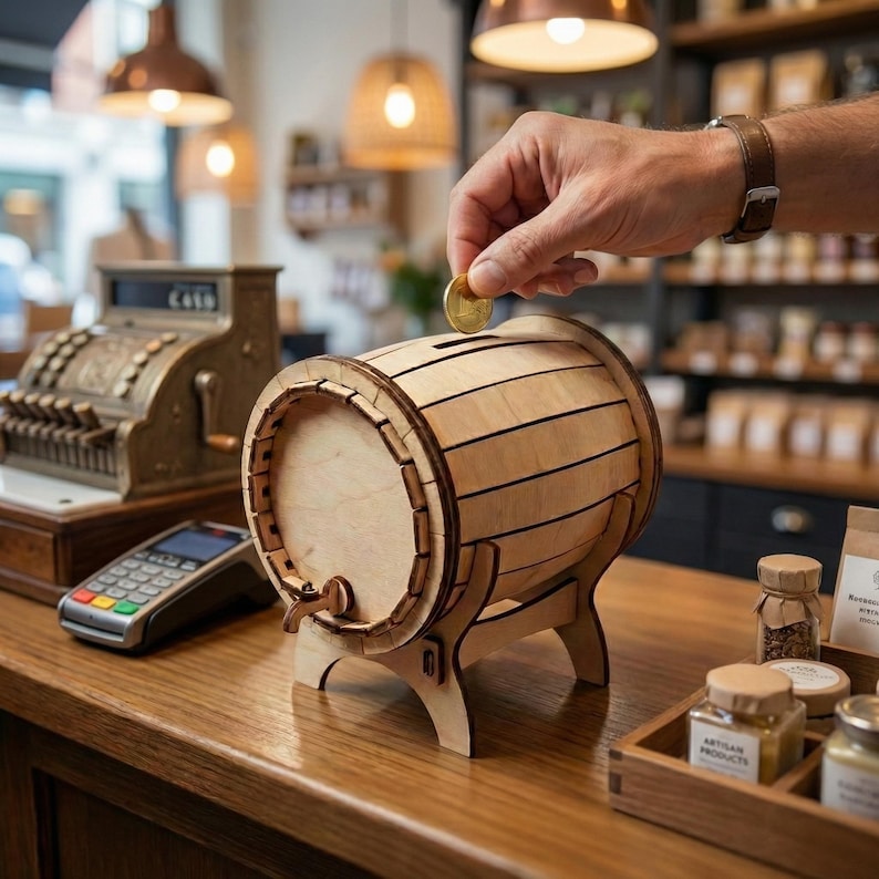 Pode incluir: Um cofre de madeira em forma de barril, com uma ranhura para moedas e uma torneira. O cofre &eacute; feito de madeira clara e tem um design decorativo. Uma pessoa est&aacute; a inserir uma moeda na ranhura. O cofre est&aacute; numa superf&iacute;cie de madeira.