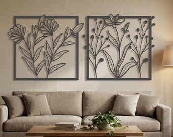 9 Blumen Metall Wand Kunst SVG DXF Bundle | Botanische Line Art | Laser CNC-Schnittdateien | Modernes Blumendekor