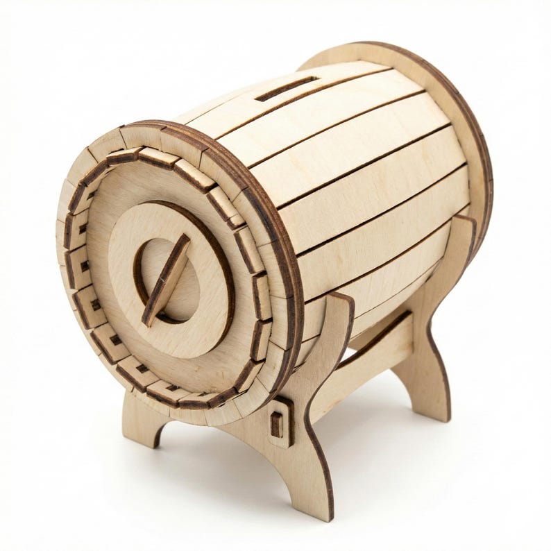 Pode incluir: Um cofre em forma de barril de madeira clara, com uma ranhura no topo para inserir dinheiro. O cofre tem um design decorativo e &eacute; suportado por um suporte de madeira.