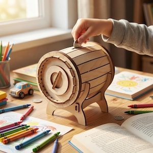 Pode incluir: Um cofre de madeira em forma de barril com uma ranhura para moedas. O banco &eacute; feito de madeira clara e tem um design decorativo. Uma m&atilde;o est&aacute; colocando uma moeda na ranhura. L&aacute;pis de cor, livros e um carro de brinquedo est&atilde;o na mesa.