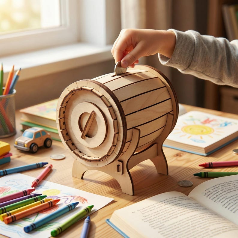 Pode incluir: Um cofre de madeira em forma de barril com uma ranhura para moedas. O banco &eacute; feito de madeira clara e tem um design decorativo. Uma m&atilde;o est&aacute; colocando uma moeda na ranhura. L&aacute;pis de cor, livros e um carro de brinquedo est&atilde;o na mesa.