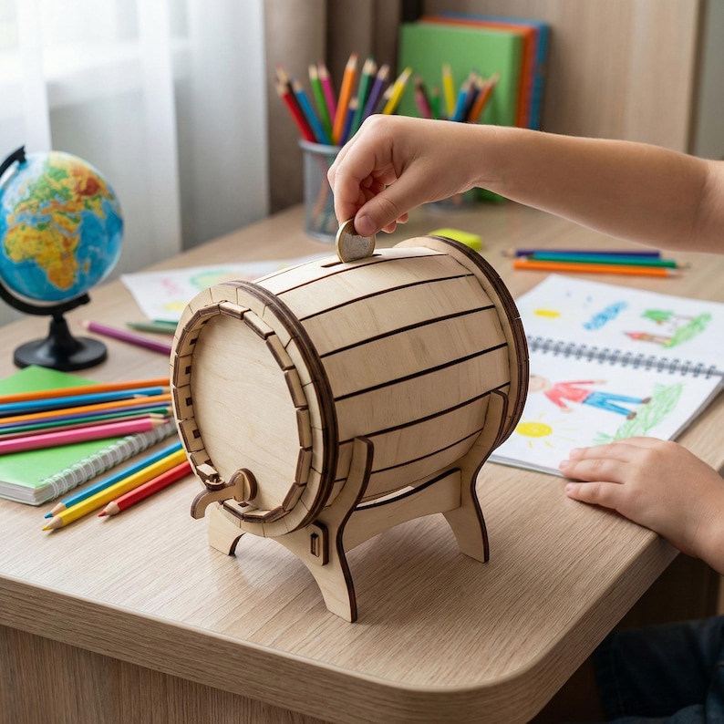 Pode incluir: Um cofre de madeira clara em forma de barril, com uma ranhura para moedas e uma torneira. O cofre est&aacute; numa secret&aacute;ria com um globo, l&aacute;pis de cor e a m&atilde;o de uma crian&ccedil;a a inserir uma moeda.