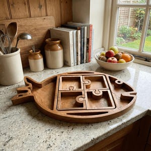 May include: A wooden fish-shaped serving tray with four puzzle-piece compartments. The tray is made of light brown wood and sits on a speckled countertop. A bowl of fruit and books are in the background.