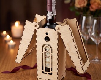 Laser Cut Wine Box SVG DXF | Wooden Wine Bottle Gift Box Template | 3mm & 4mm Plywood CNC Files | Living Hinge Wine Carrier