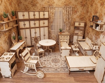Mega Puppenhaus Möbel Set SVG DXF | 3 mm Sperrholz Laser Cut Dateien | Miniatur Schlafzimmer Wohnzimmer Küche 1:12 Maßstab DIY [ohne Bauanleitung]