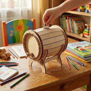 Pode incluir: Um cofrinho de madeira em forma de barril, com uma ranhura para moedas na parte superior e uma torneira na parte inferior. O cofre &eacute; feito de madeira clara e est&aacute; sobre uma mesa de madeira. Uma m&atilde;o est&aacute; a colocar uma moeda na ranhura.