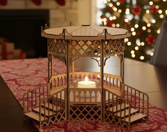 Achteck Gazebo Kerzenhalter SVG DXF | Lasergeschnittener achteckiger Pavillon Teelicht Laterne 3 mm Sperrholz Vorlage 44x35x35cm