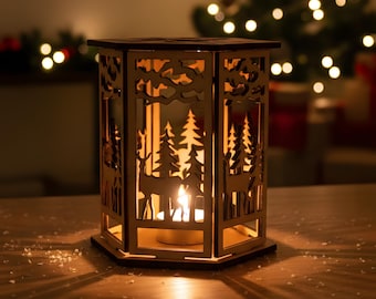 Christmas Hexagon Tealight Holder DXF | 3mm Plywood Lantern File | Laser Cut Candle Holder | Winter Reindeer Scene | CNC Cut Decor Template