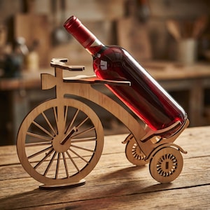 Puede incluir: Un soporte de madera para botellas de vino con forma de bicicleta, que contiene una botella de vino tinto. El soporte es de madera clara y tiene una rueda delantera grande y dos ruedas traseras más pequeñas. La botella de vino está inclinada.