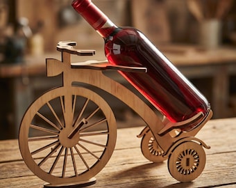 Dreirad Weinflaschenhalter Laser geschnitten SVG-DXF-Dateien | Fahrrad-Weinregal aus Holz | 6 mm Sperrholz CNC Vorlage | Tabletop Dekor & Geschenkidee