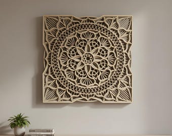 Quadratische Blume Mandala Wandkunst SVG DXF, Multilayer Mdf Sperrholz Dekor, Laser geschnitten CNC-Dateien digitaler Download