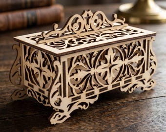 Vintage Holzkiste Laser geschnitten Datei, 3 mm Sperrholz Box SVG DXF, verzierte Schmuckschatulle, CNC Fräser Schneidevorlage, dekorative Schmuckschachtel Vektor