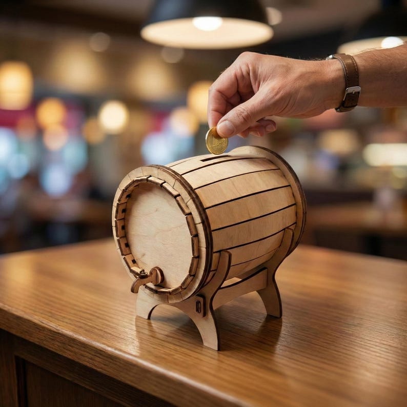 Pode incluir: Um cofre de madeira em forma de barril, com uma ranhura para moedas e uma torneira. O cofre est&aacute; sobre uma mesa de madeira. Uma m&atilde;o est&aacute; a colocar uma moeda na ranhura.