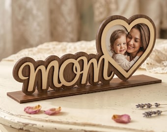 Muttertag Mama Fotorahmen SVG DXF PDF | 3 mm geschichteter Holzbilderrahmen Cnc Laser Cut File | Herz Mom Schreibtisch Dekor | Sperrholz Mdf Vorlage