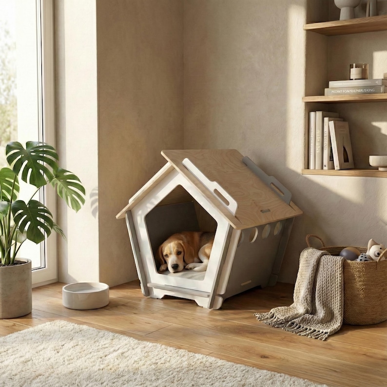 May include: A modern dog house with a light wood and white frame. The house has a sloped roof and a handle for easy transport. A tan and white dog is inside the house, resting on a white cushion. The house is on a hardwood floor.