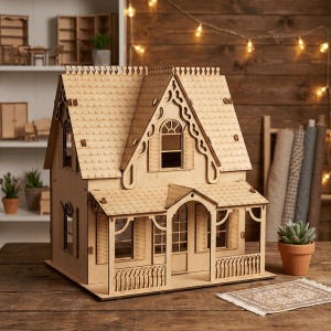 May include: A detailed wooden dollhouse with a gabled roof, shutters, and a porch. The dollhouse is made of light-colored wood and features intricate cut-out designs. The scene includes a small rug and a potted succulent.