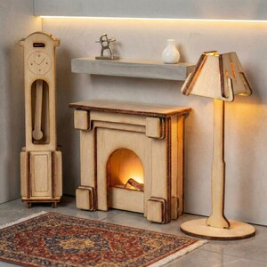 May include: A miniature wooden room scene with a grandfather clock, fireplace, floor lamp, and a decorative rug. The fireplace has a glowing fire inside. The lamp has a unique shade design. The rug has a red and blue pattern.