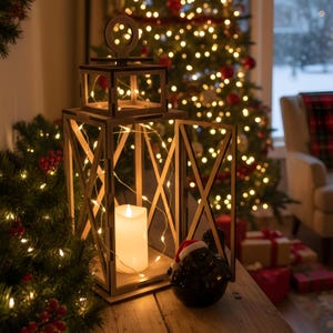 May include: A wooden lantern with a candle inside and string lights. The lantern is on a wooden surface with a Christmas tree in the background. A small black decorative object with a Santa hat is next to the lantern.