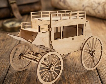 Arquivos DXF, SVG e PDF para corte a laser de diligência do Velho Oeste | Modelos para roteador CNC de quebra-cabeça 3D em madeira | Design de brinquedo de carroça em compensado de 3 mm e carruagem em miniatura