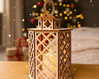 Hexagon Hanging Tealight Holder DXF File, 3mm Laser Cut Lantern, 18cm Lantern Decor, CNC Cutting, Wooden Candle Holder, Glow Lamp DXF