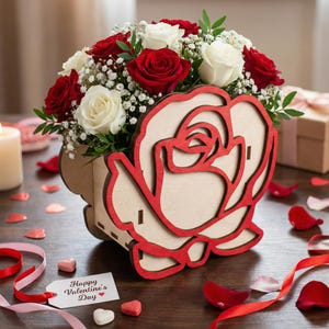 以下が含まれることがあります： 赤い縁取りのバラの形をした木製のフラワーボックス。赤いバラと白いバラ、かすみ草が入っています。木製の表面に置かれ、「Happy Valentine's Day」と書かれたタグが付いています。