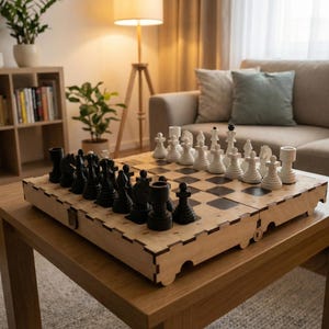 Op de afbeelding: Een houten schaakspel met zwarte en witte stukken gerangschikt op een dambord. Het bord staat op een lichtbruine houten tafel in een woonkamer. De schaakstukken staan in hun startposities.
