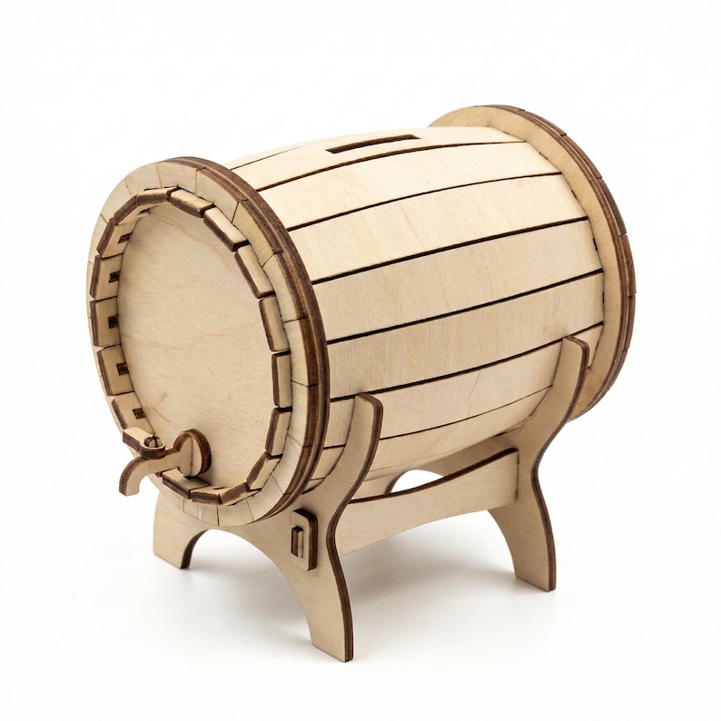 Pode incluir: Um cofre em forma de barril de madeira clara, com uma ranhura na parte superior para inserir dinheiro. O barril tem uma torneira e &eacute; suportado por um suporte de madeira.