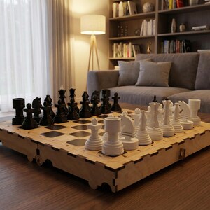 May include: A wooden chess set with black and white pieces arranged on a checkered board. The board is set on a wooden table in a living room setting. The chess pieces are in their starting positions.