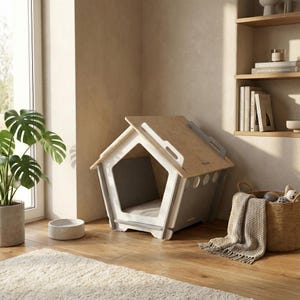 May include: A modern dog house with a light wood roof and white trim. The house has a gray interior and a handle on the roof. A small, round, gray dog bowl sits nearby. The house is on a hardwood floor.