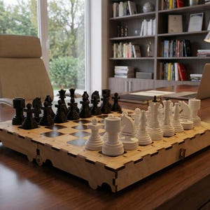 May include: A wooden chess set with black and white pieces arranged on a checkered board. The board is set on a dark wooden desk in a well-lit room. The chess pieces are in their starting positions.