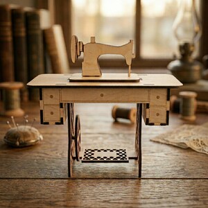 K&ouml;nnte beinhalten: Ein h&ouml;lzernes Miniatur-N&auml;hmaschinenmodell mit Tisch und R&auml;dern. Das Modell ist aus hellem Holz gefertigt und weist ein detailliertes Design auf, einschlie&szlig;lich N&auml;hmaschinenkopf, Schubladen und Fu&szlig;pedal.