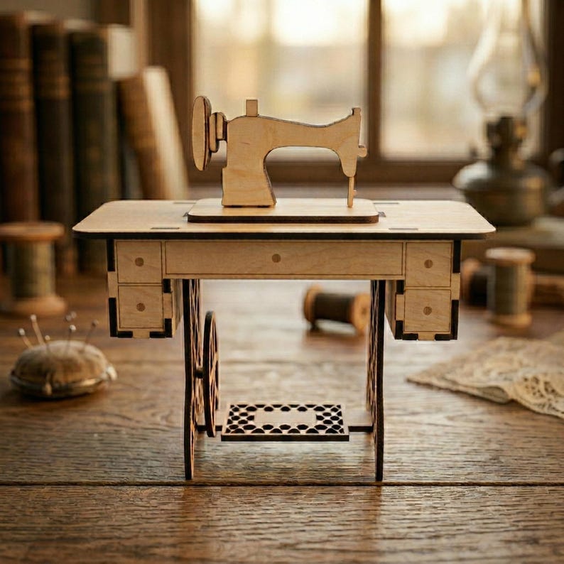 K&ouml;nnte beinhalten: Ein h&ouml;lzernes Miniatur-N&auml;hmaschinenmodell mit Tisch und R&auml;dern. Das Modell ist aus hellem Holz gefertigt und weist ein detailliertes Design auf, einschlie&szlig;lich N&auml;hmaschinenkopf, Schubladen und Fu&szlig;pedal.