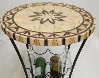 Mosaic Tile Wine Table and Goblet Rack with Handmade Ceramic Tile Mosaic Top, Mosaic Wine Bottle Rack, 8 Bottle Wine Table