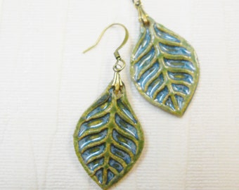 Handmade Ceramic Earrings Green-Blue Glazed Ceramic Dangle Earrings: Pottery Leaf Drop Earrings, 440-2