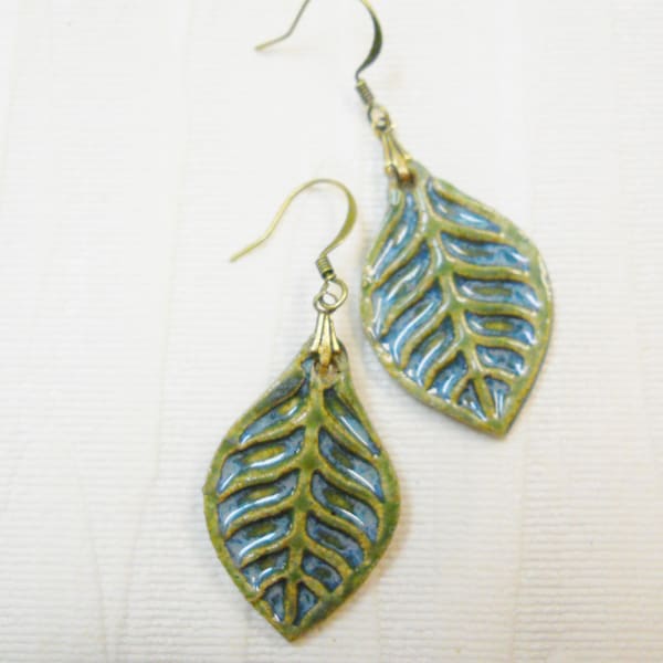 Handmade Ceramic Earrings Green-Blue Glazed Ceramic Dangle Earrings: Pottery Leaf Drop Earrings, 440-2