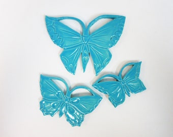 Butterfly Mosaic Tiles: Handmade Ceramic Medium Bright Blue Glazed Butterflies Set of 3 Mosaic Craft Tiles or Wall Plaques