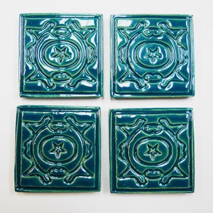 Focal Mosaic Tiles   2-inch Dark Teal Mosaic Center Tiles  set of 4: Geometric Ceramic Corner Tiles. Handmade Ceramic Craft Tiles. #T25