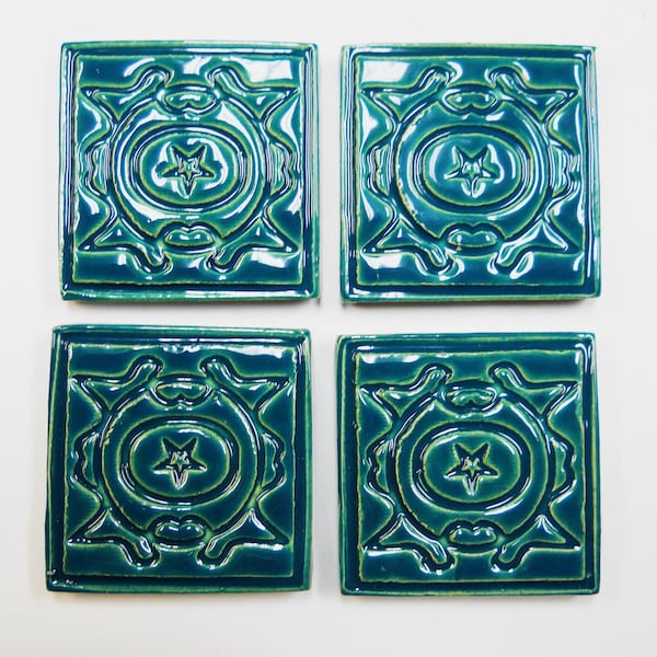 Focal Mosaic Tiles   2-inch Dark Teal Mosaic Center Tiles  set of 4: Geometric Ceramic Corner Tiles. Handmade Ceramic Craft Tiles. #T25