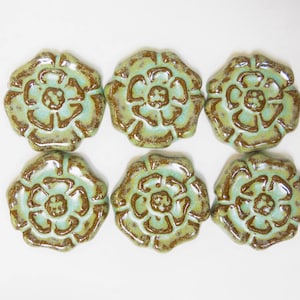 Rosette Mosaic Tiles, Set of 6 Handmade Ceramic Tiles, 2&quot; Stoneware Art Tiles, Rustic Turquoise Stone Glazed Tiles- Mosaic Tiles Craft Tiles