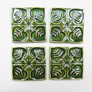 Focal Mosaic Tiles,  2" Holly Green Mosaic Center Tiles  set of 4:  Aspen Leaf Ceramic Corner Tiles. Handmade Ceramic Craft Tiles. #T11