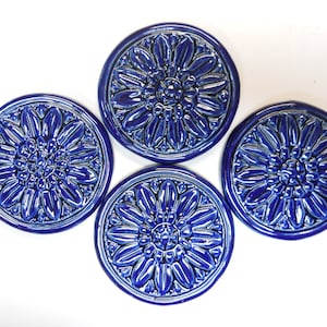 Mosaic Tiles: 3in. Floral Medallion Tiles. Handmade Ceramic Craft Tiles.  Cobalt-Royal Blue Glazed Mosaic Tiles. Craft Tiles -set of 4