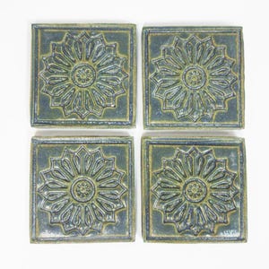 Focal Mosaic Tiles 2" Matte Seaweed Green Mosaic Center Tiles, set of 4, Geometric Ceramic Tiles, Handmade Ceramic Corner Craft Tiles. #T12