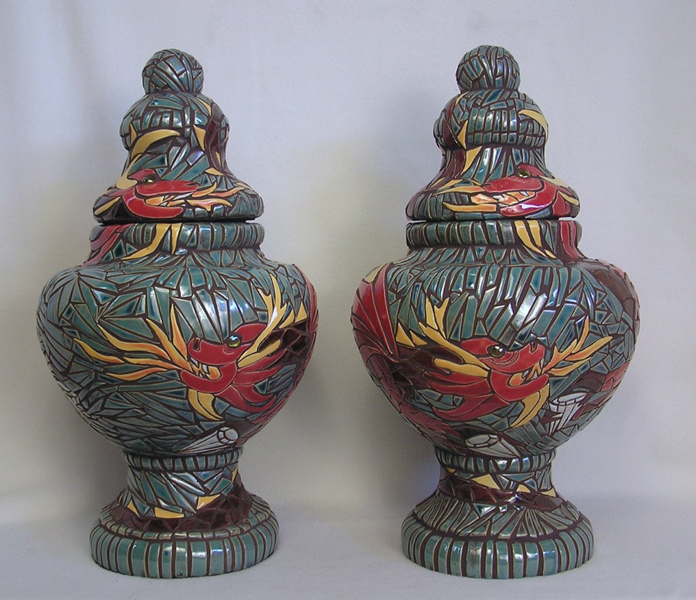 Mosaic Art Handmade Ceramic Tile Dragon Temple Urns Pair Etsy