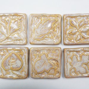 Leaf Mosaic Tiles Handmade Ceramic Craft Tiles:  Beige White Tones Glazed Tiles - Mosaic Tile Pieces - set of 6 - Craft Tiles