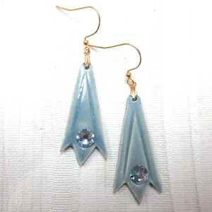 Handmade Ceramic Earrings embellished with European Crystals, Sky Blue Glazed Ceramic Dangle Earrings, Ceramic Drop Earrings,  2-3c