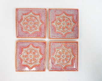 Focal Crafting Tiles, 2" Rose Pink Orange Mosaic Center Tiles, set of 4, Geometric Handmade Ceramic Corner Tiles, Craft Tiles. #T21