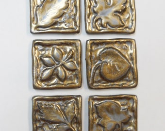 Mosaic Leaf Tiles,  2" Handmade Ceramic Craft Tiles, Set of 6 Metallic Old Gold Glazed Stoneware Pieces - Ceramic Mosaic Art Tiles